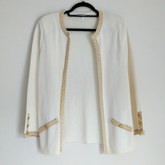 Mita Sweaters - White Cardigan with Gold Trim